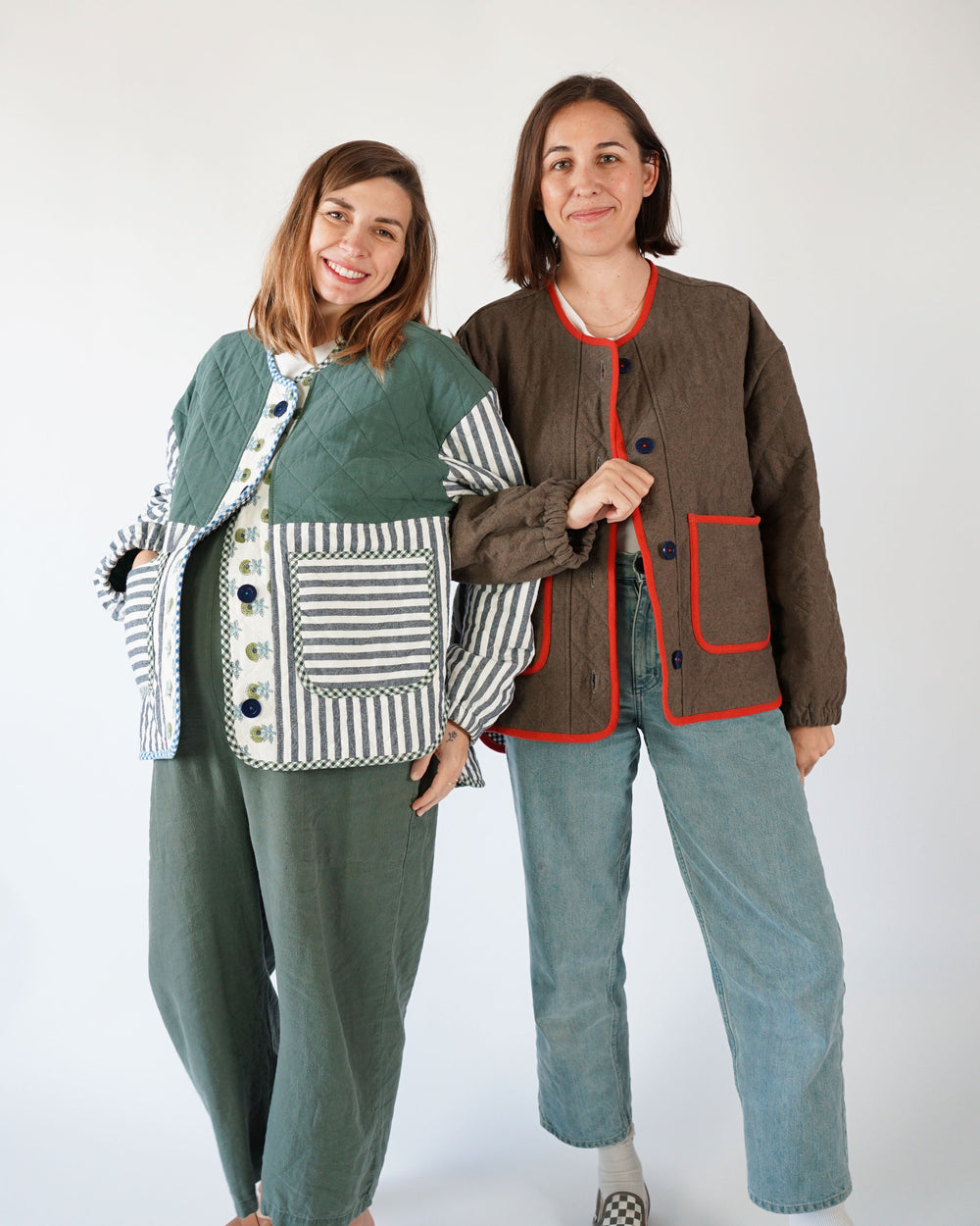 Women wearing the Homebody Quilted Jacket sewing pattern from Matchy Matchy Sewing Club on The Fold Line. A quilted jacket pattern made in cotton, linen, twill, denim, or canvas fabric, featuring a boxy fit, round neckline, dropped shoulders, long sleeves, button placket, and front patch pockets. 