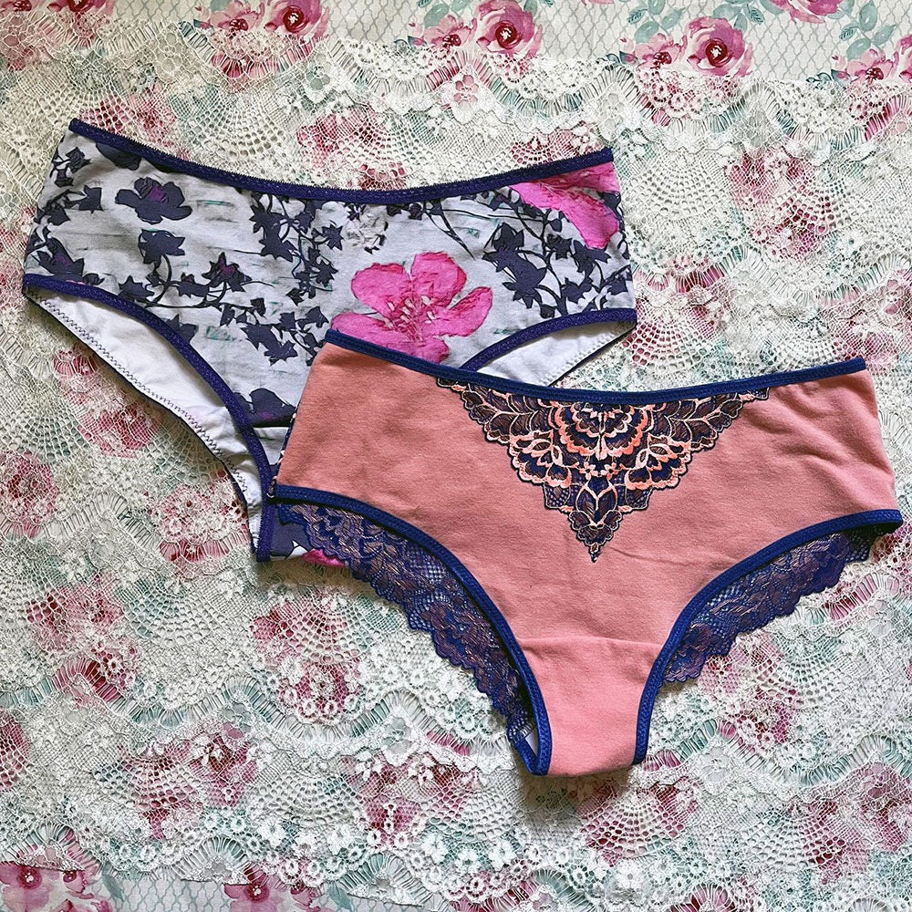 Photo showing the Paola Cheeky Panty sewing pattern from Primrose Dawn on The Fold Line. A Tee pattern made in cotton/spandex jersey, rayon/spandex jersey, bamboo/spandex jersey, stretch mesh, stretch lace or athletic knits fabrics, featuring a shaped bac